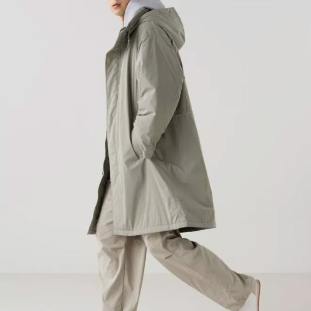 Uniqlo : C Oversized Hooded Coat Unisex Medium M Neutral Khaki Beige Taupe EUC